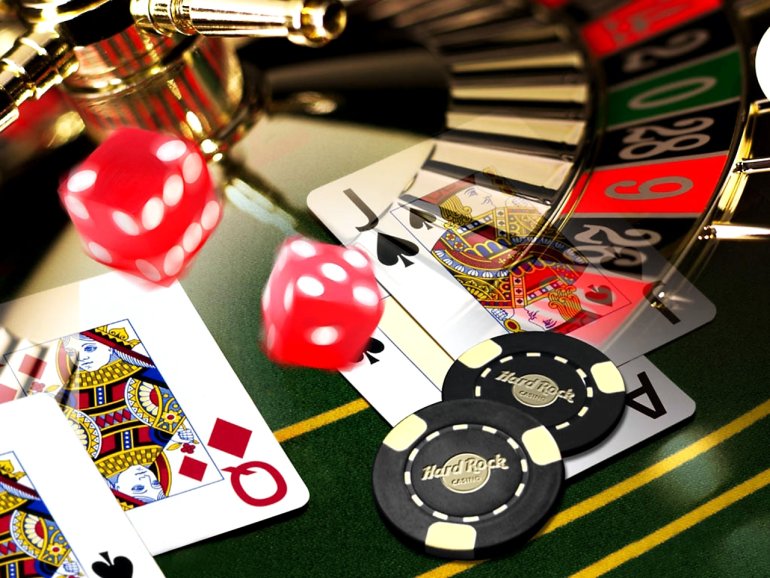 Roulette, Würfel, Karten, HardRock Casino-Chips