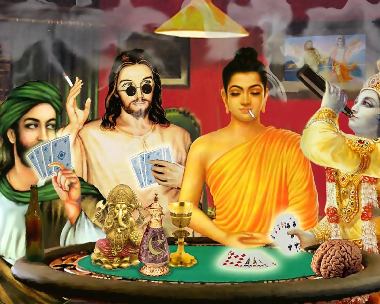 Götter verschiedener Religionen zocken mit Zigaretten und Alkohol