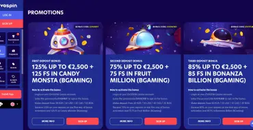 125% up to €2,500 + 125 FS on your first deposit at Evospin: Evospin Online Kasino
