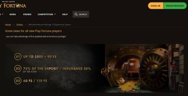 75% bonus on second deposit or 25% insurance from Play Fortuna Casino: Play Fortuna Website
