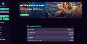 High Roller Bonus 150% up to €/$1000 and 200 FS at Betzard: Betzard Online Kasino